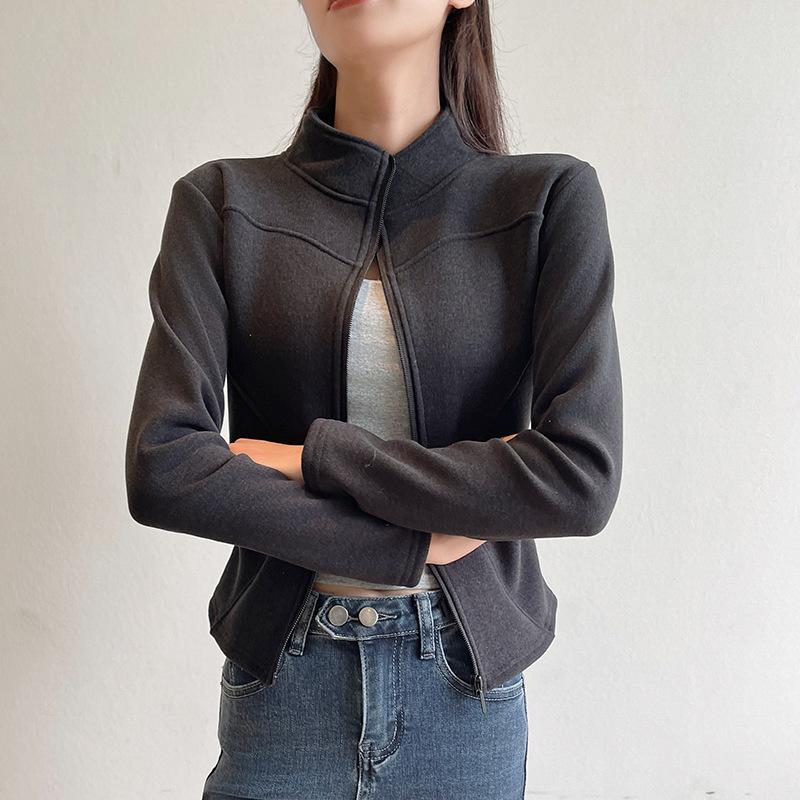 Women's Stand Collar Short Coat Fleece Sweatshirt For Autumn And Winter Outer Wear Slim Fit Fleece Lined Thickened Warm Yoga Top