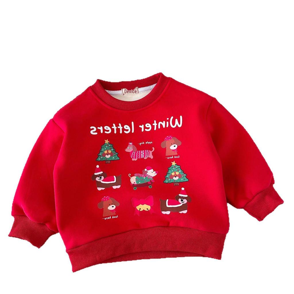 Children's Cartoon Christmas Sweatshirt - Girls' Autumn/Winter Plus Velvet Pullover, Boys' Round Neck Top