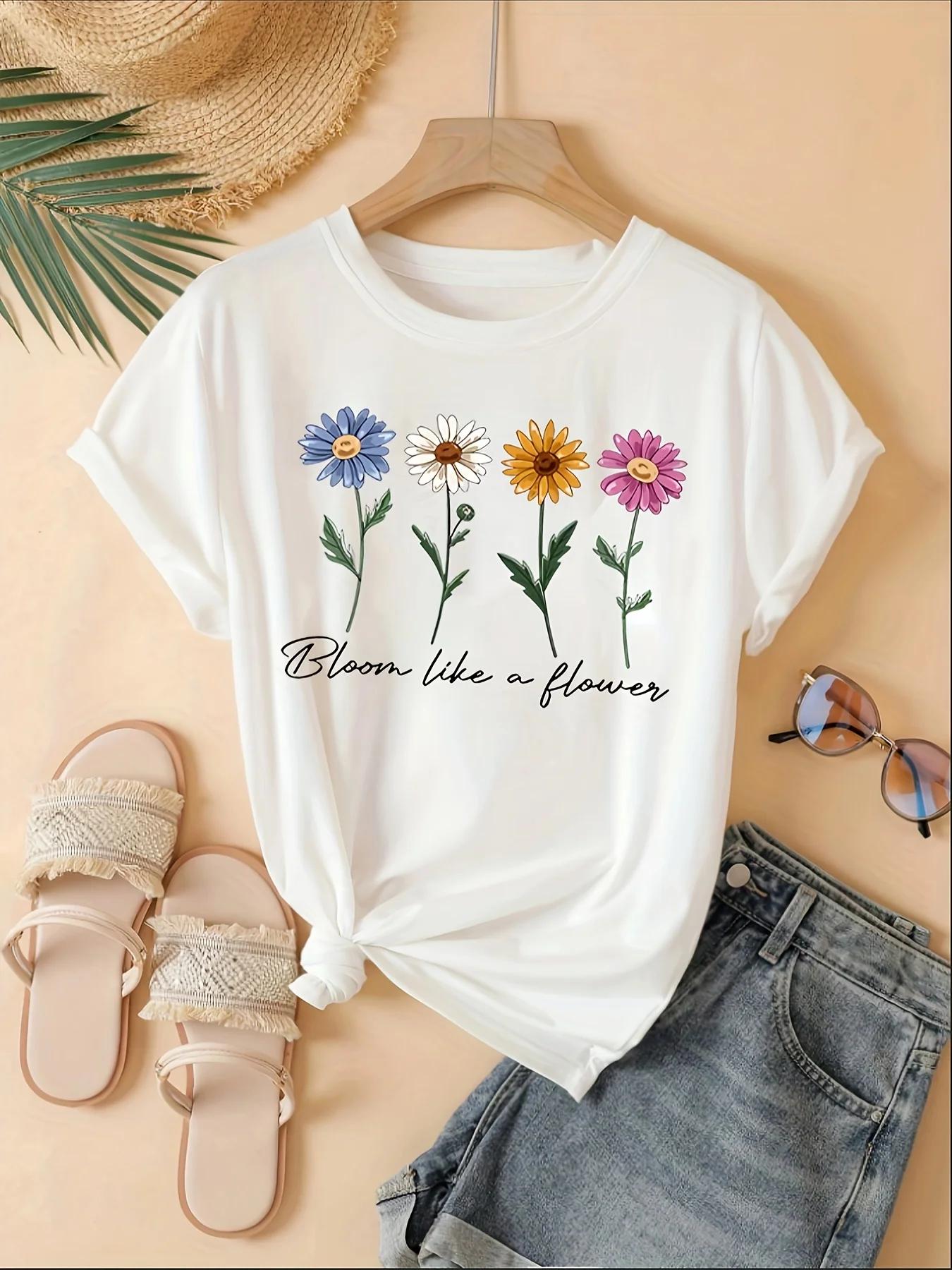 

Neck Lightweight Perfect for Spring Versatile Casual Attire Women S Casual Floral Print T-Shirt Design Sleeve Crew Streetwear 4XL