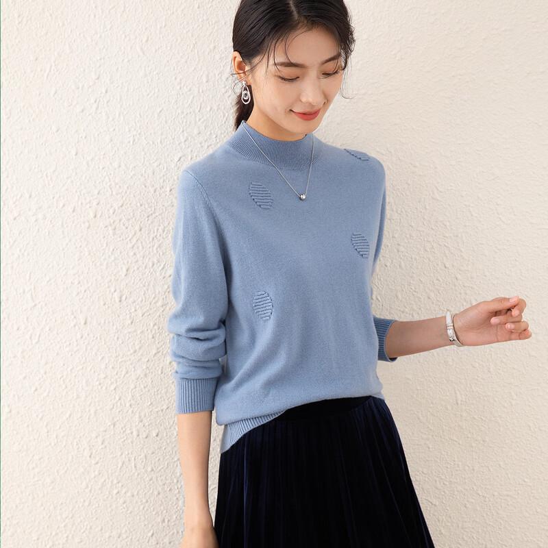 TUHUANG Women's Pure Wool Semi-High Collar Knit Sweater