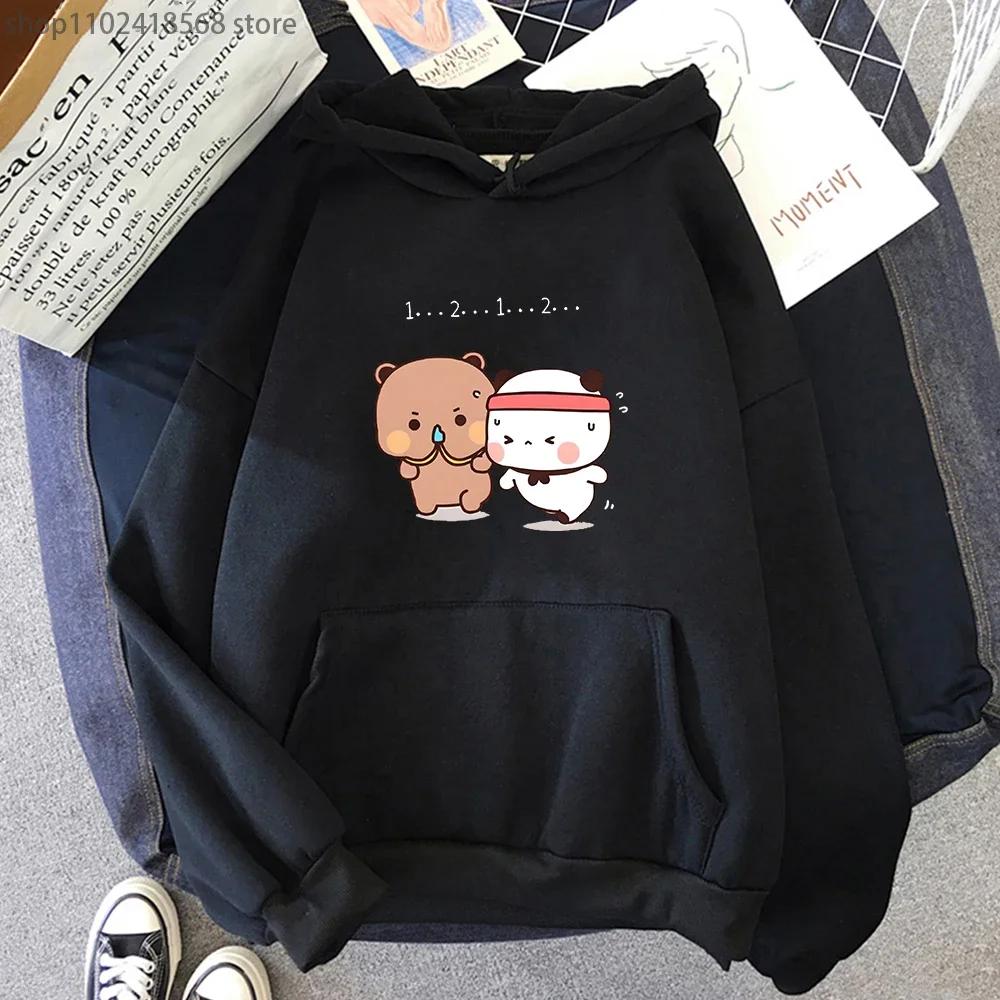 Women Kawaii Panda Bear Hoodie Cute Couple Bubu and Dudu Are Doing Exercise Sweatshirt Girls Tops Long Sleeve Pocket Clothes