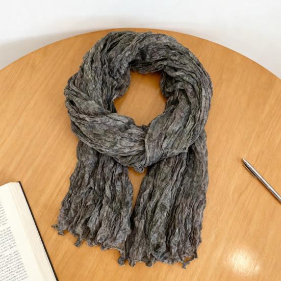 Women Scarf Solid Color Pleated Design Versatile Long Scarf Retro Style Versatile Comfortable Cotton Linen Shawl