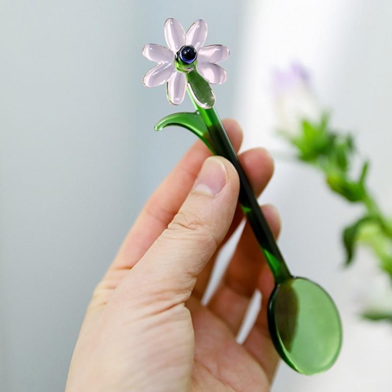 Transparent Glass Stirring Spoon With Elegant Flower Head Colored Stirrer For Coffee Tea Cocktails Head Resistant