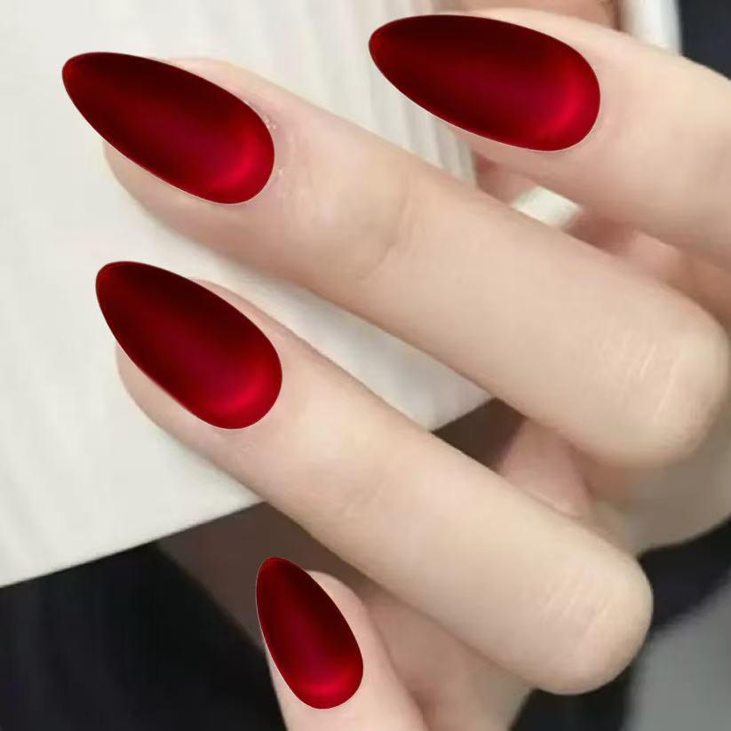 24 шт. Осенне-Зимние Матовые Красные Ногти «Кошачий Глаз» в Форме Капли Воды с Высококачественной Текстурой
