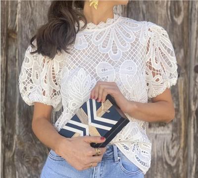 Fashion Embroidered Lace Blouses Shirts Women Casual Puff Sleeve Pullover Lady Summer Vintage O-Neck Blusa Streetwear