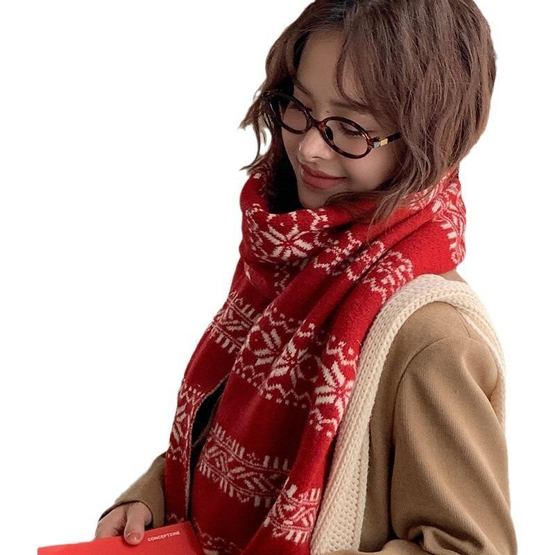 Red knitted scarf women's autumn and winter atmosphere sense versatile thickened warm Christmas gift scarf shawl