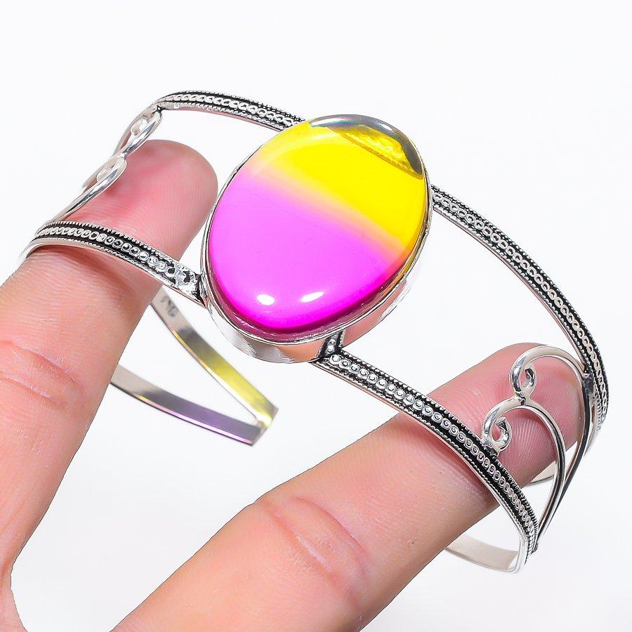 

Natural Bi-Color Tourmaline Gemstone 925 Sterling Silver Cuff Bangle Adj b0m45