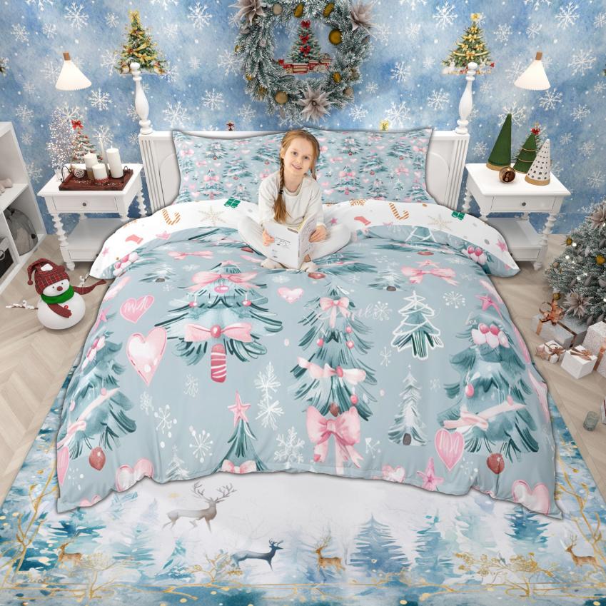 Homewish Cute Snowman Duvet Cover Set for Boys Girls, Christmas Tree Bedding Set, Happy New Year Xmas Comforter Cover Set
