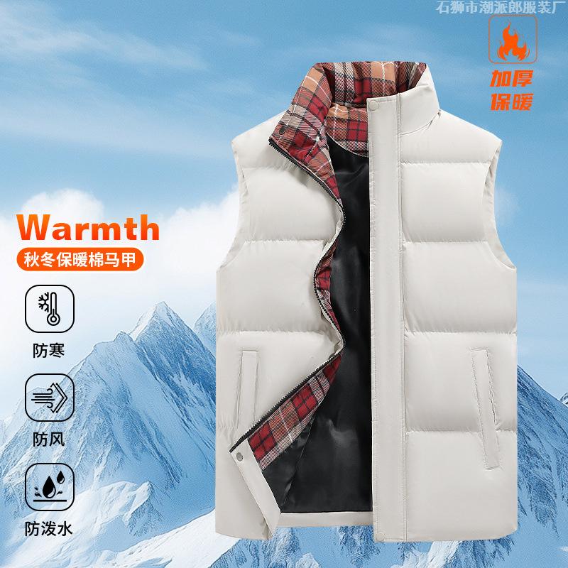 2025 Autumn and Winter New Fashion Color Matching Cotton Clothes Vest Thickened Warm Men's Stand-up Collar Vest Vest