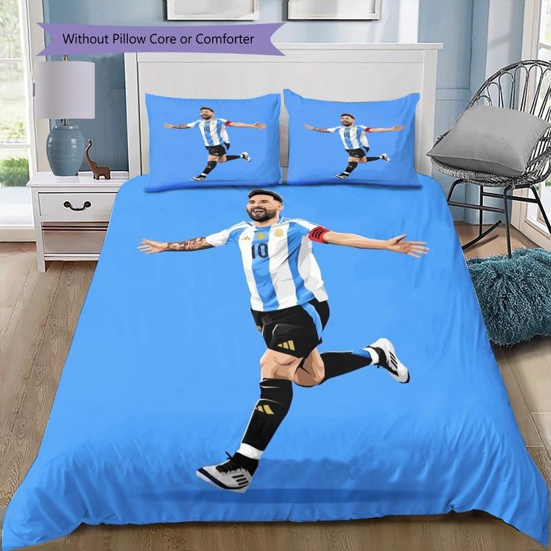 Lionel Messi GOAT Argentina No.10 Green Grass Print 3Pcs Bedding Set Without Pillow Core Washable Microfiber Football Fan Bedroom Duvet Cover Set