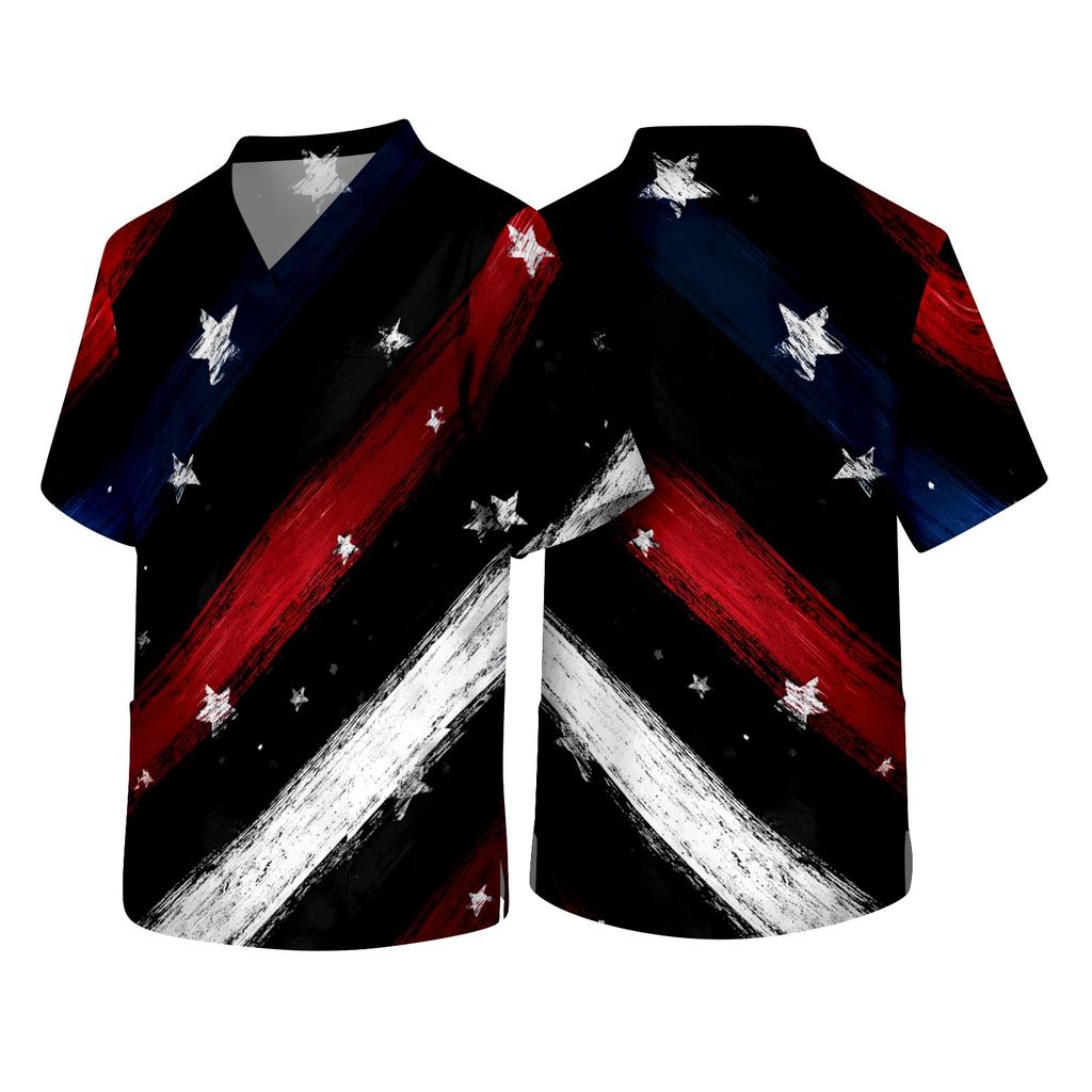 Men's V Neck Short Sleeve Medical Scrub Top with Chest Pocket Independence Day Print Casual Workwear for Healthcare Professionals