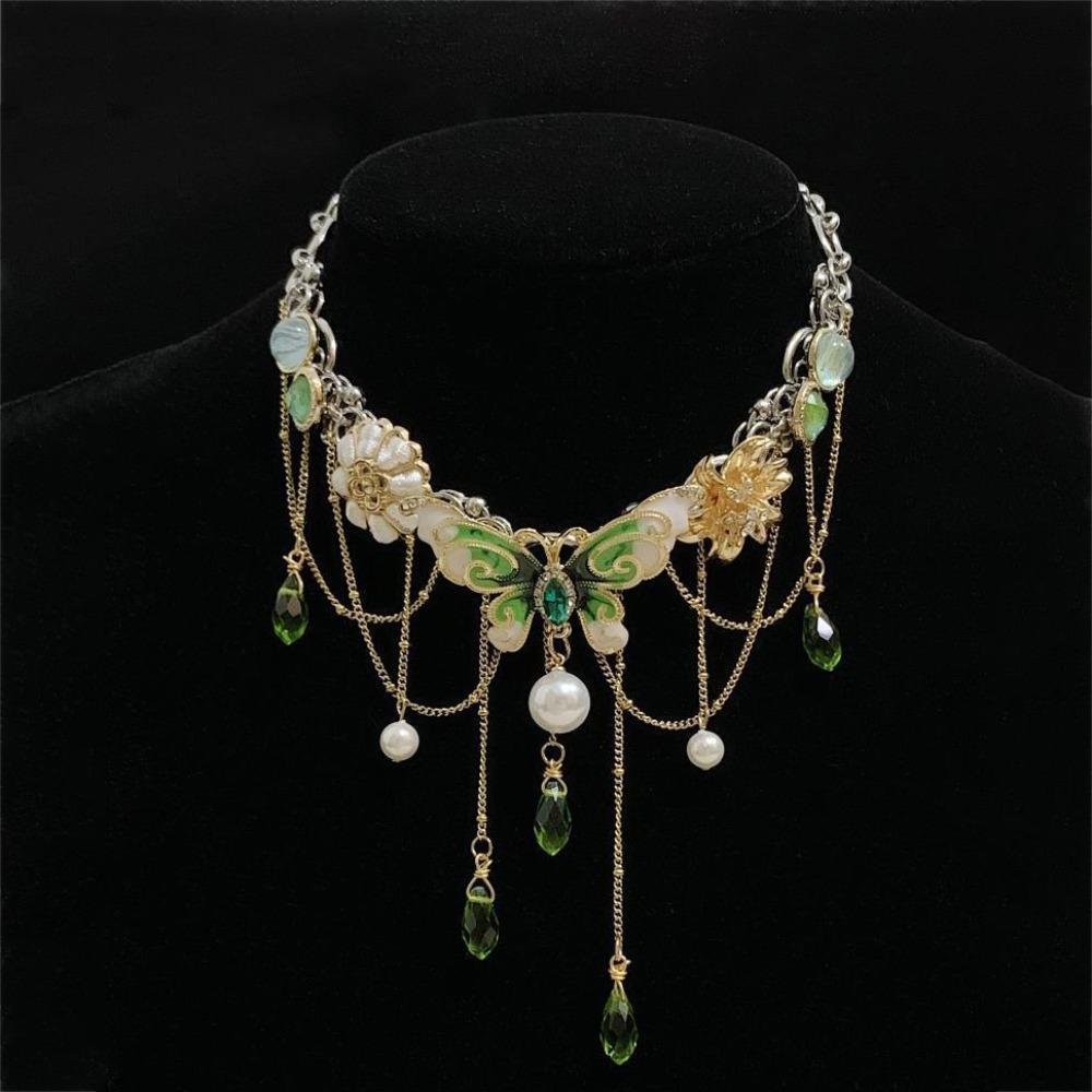 

Imitation Pearl Tassel Crystal Necklace Sweet Women s Choker Rhinestone Butterfly Necklace Ladies зелений