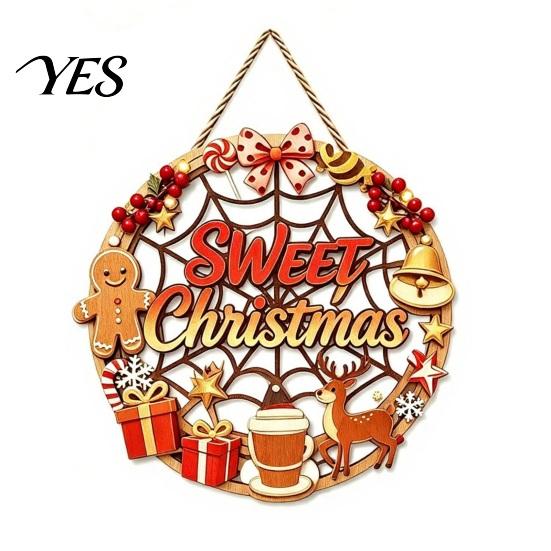 Poplar Wood Decor Christmas Door Sign, Double Sided Hanging Wooden Plaque for Front Door, Winter Holiday Party Supplies Rustic Wall Decoration Indoor