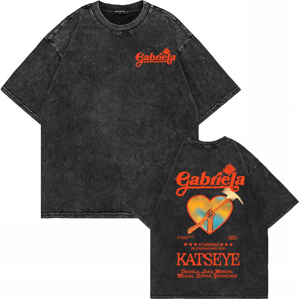 100% Cotton Vintage Washed Katseye Gabriela T Shirt Y2K Fashion Men/Women Aesthetic Hip Hop Cool Oversize Acid Wash Tees Shirts S