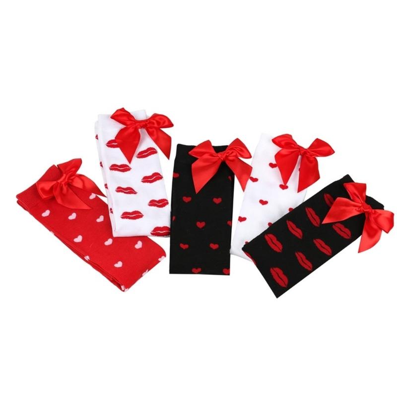 Valentines Day Over Knee Long Socks Cute Bowknots Lip Heart Pattern Thigh High Stockings for Women Parties Casual Wear