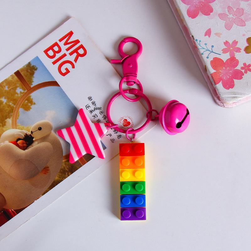 Korean Colorful Striped Star Bell Keychain Pendant - Rainbow Backpack Charm Gift