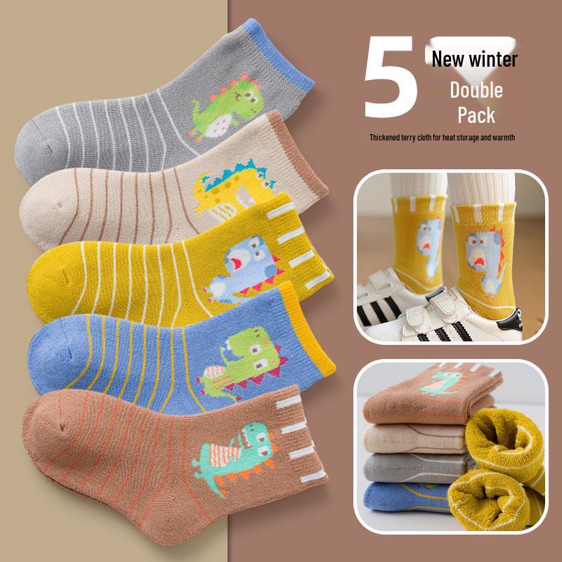 Children's Thickened Warm Cotton Dinosaur Terry Socks - Mid-Calf Length for Boys and Girls