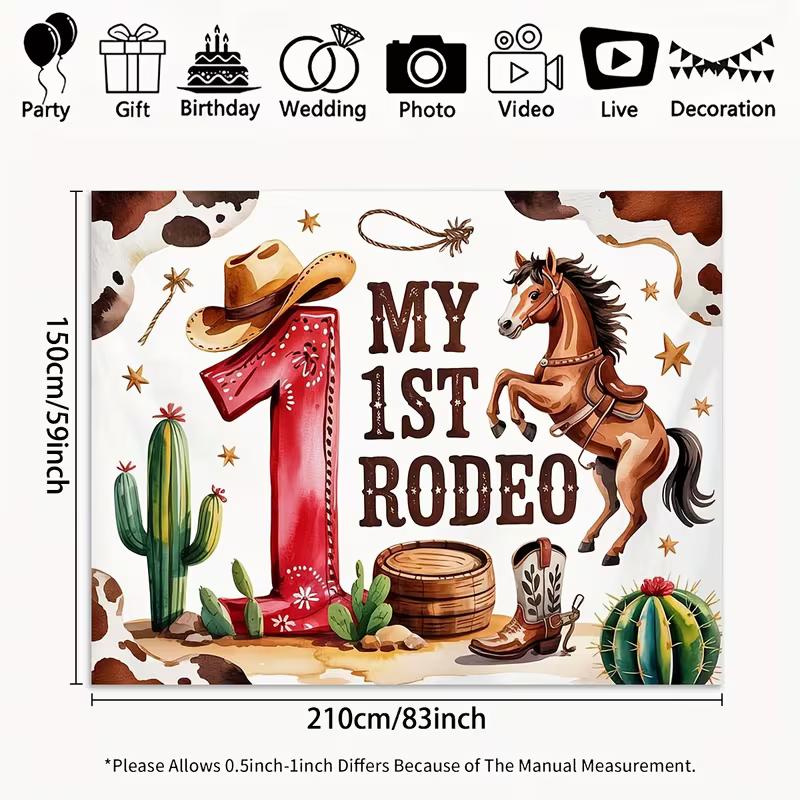 

2D Western Cowboy 1st Birthday Backdrop, Cactus & Horse Photo Booth Background 47.2x31.5inch/120*80cm