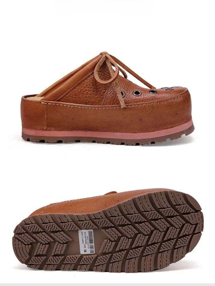 Johnature Hollowed Out Thick Soled Outdoor Fashionable Slippers Genuine Leather Round Toe Women's Slip-on Shoes