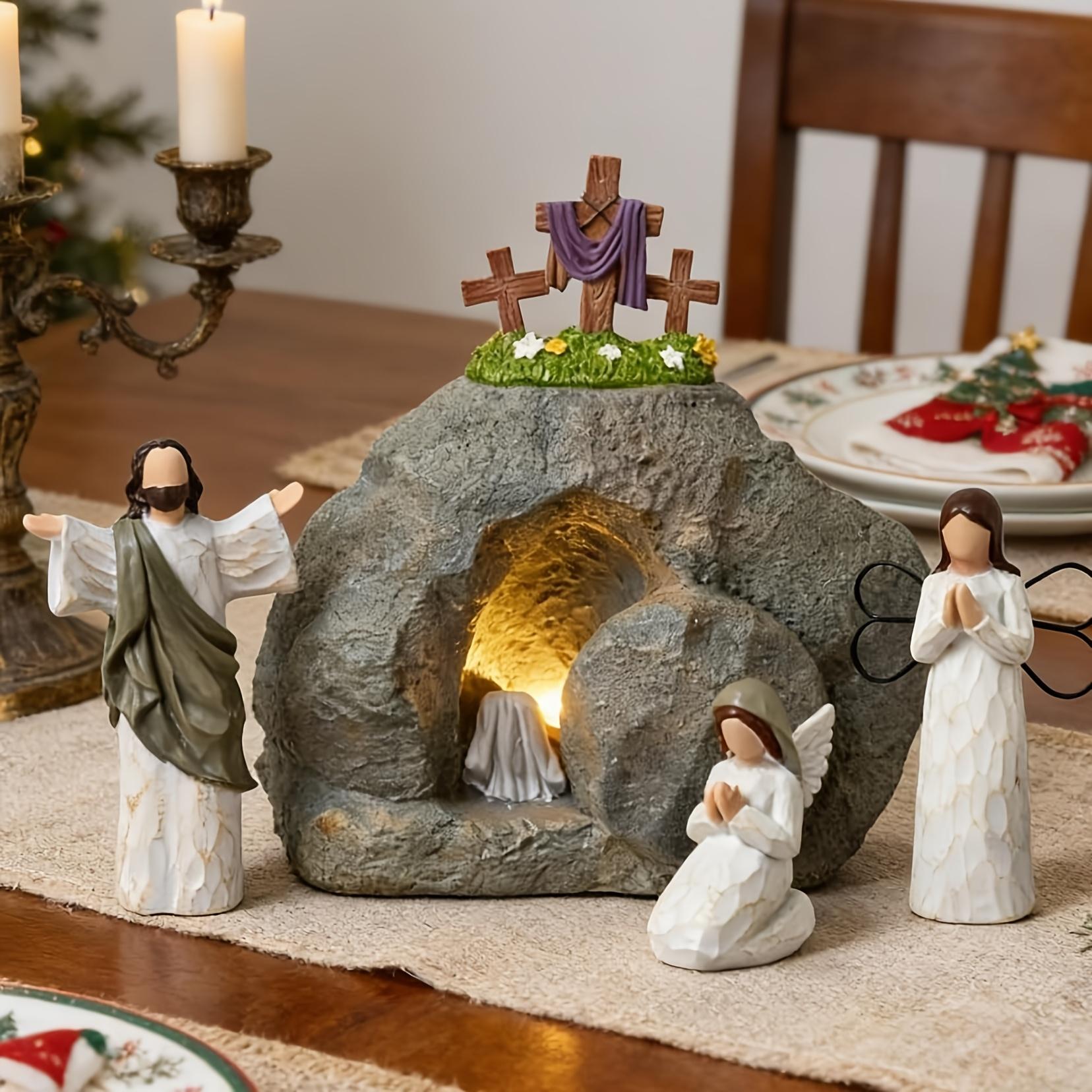 Lighted Easter Resurrection Scene Set Resin Empty Tomb Easter Scene Figurine Christian Easter Gift for Religious Home Decor Gift