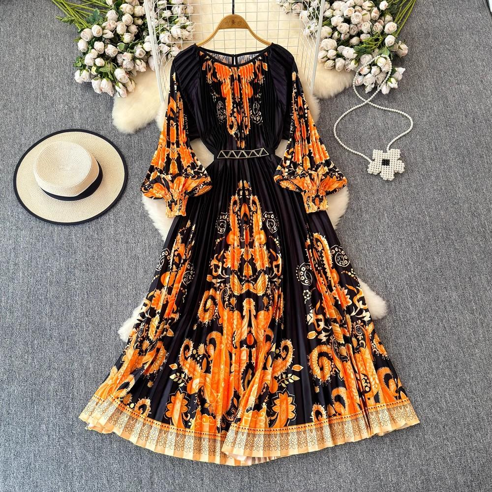 Outono Plissado Lindo Estampa Floral Vestido Longo de Férias Feminino Gola Redonda Manga Lanterna Cinto Elástico Alto Roupas Longas