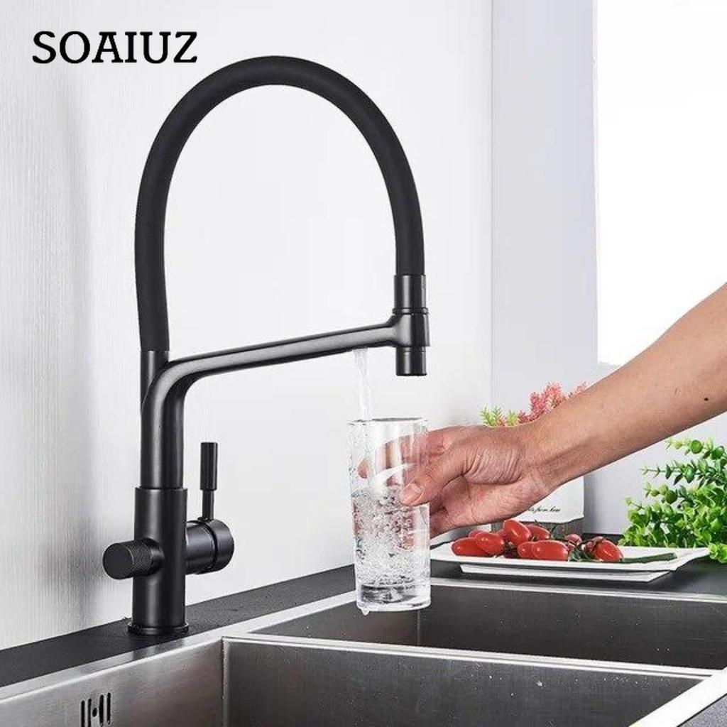 Filter Kitchen Faucet Black Dual Spout Drinking Water Faucet Mixer 360 Degree Rotation Hot Cold Water Purification Feature Tap