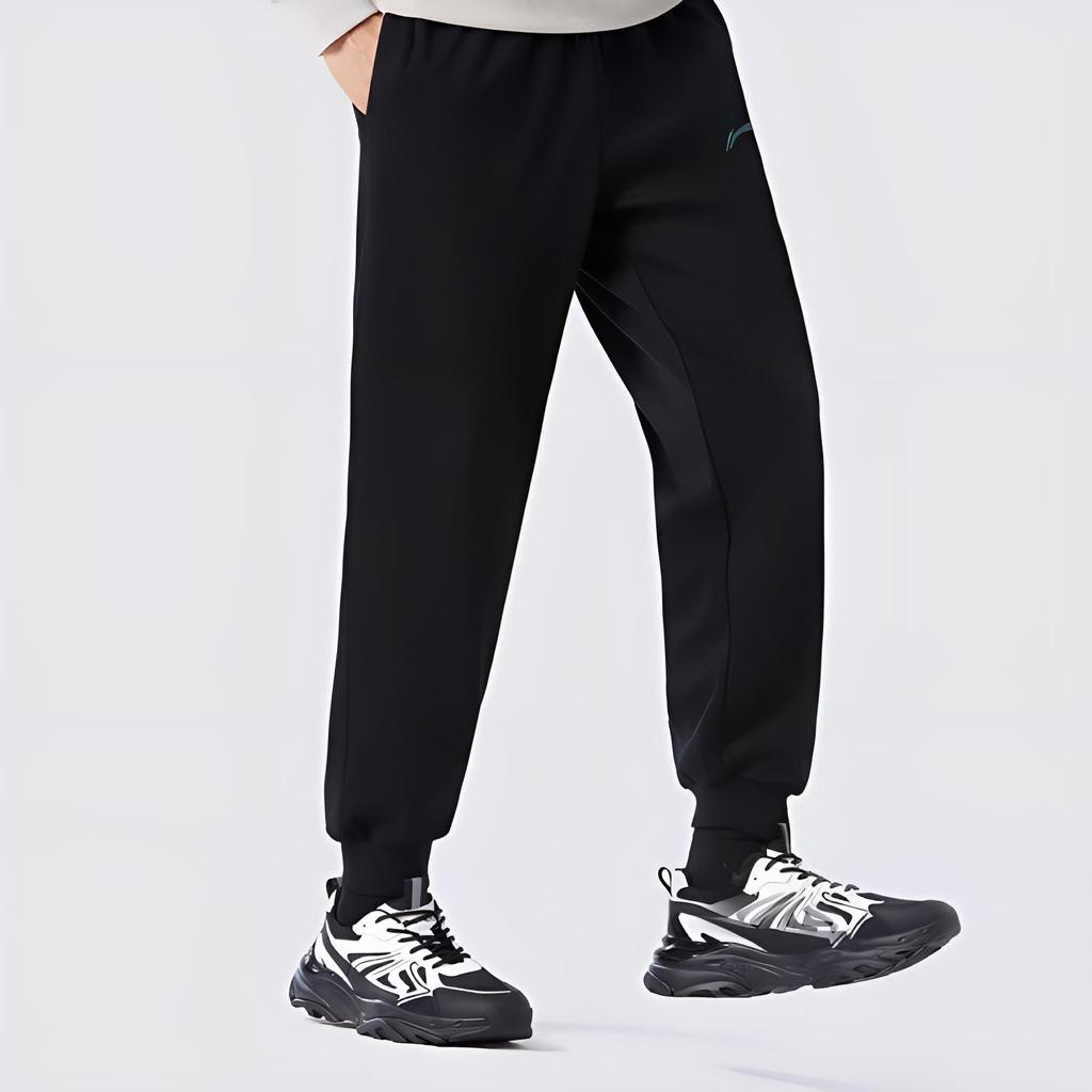 Li Ning Solid Color Casual Fleece Cuffed Knitted Sports Pants Men pants Black AKLT553-4