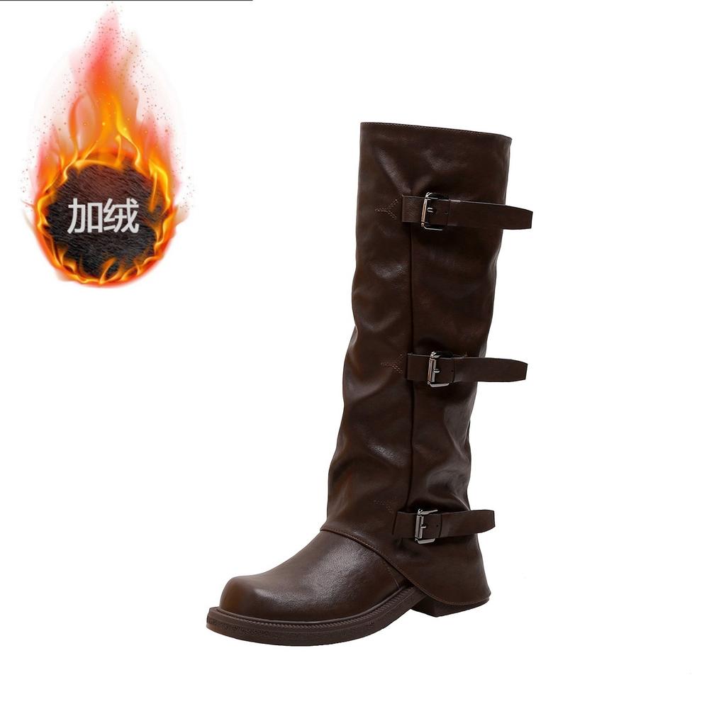 Autumn and winter new heightening belt buckle square round head amber streamer wind boots western pile pants tube women's boots