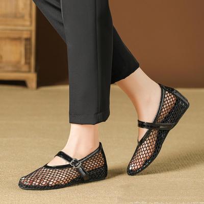 Women's Plus Size Hollow Out Fishnet Shoes Summer Casual Flat Bottom Solid Color Shoes Mary Jane Single Shoe 36-43