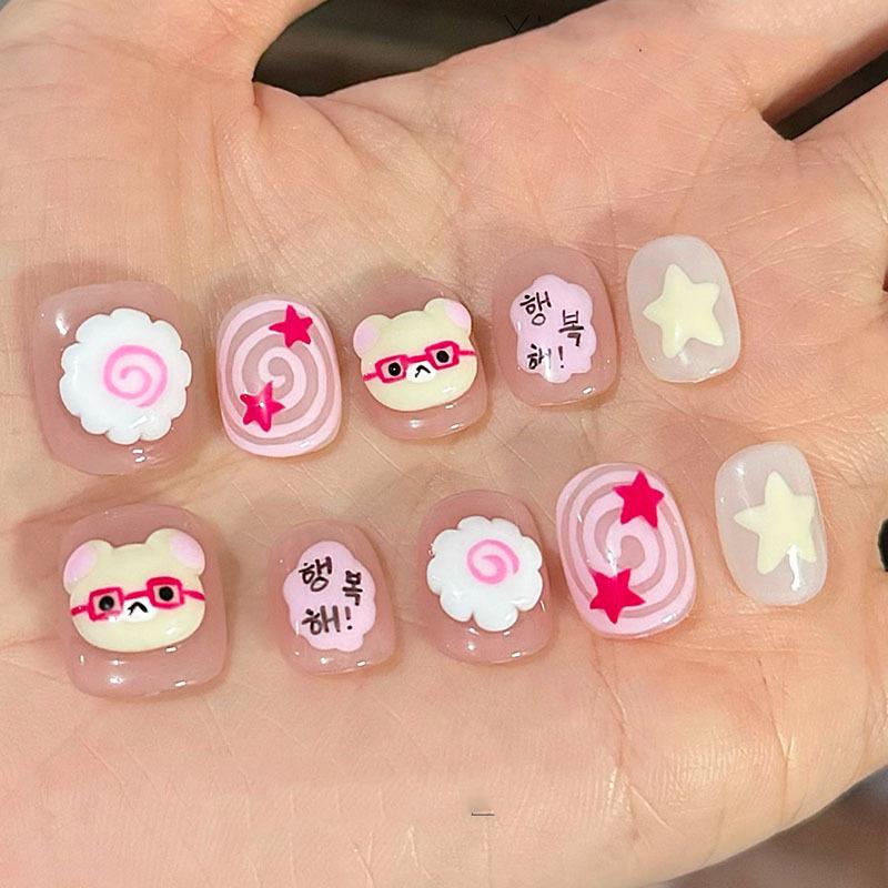 30Pcs Cute Cartoon Short Bean Shaped Press On Nails Autumn Winter Niche Design Fake Nails Gift For Girls And Friends