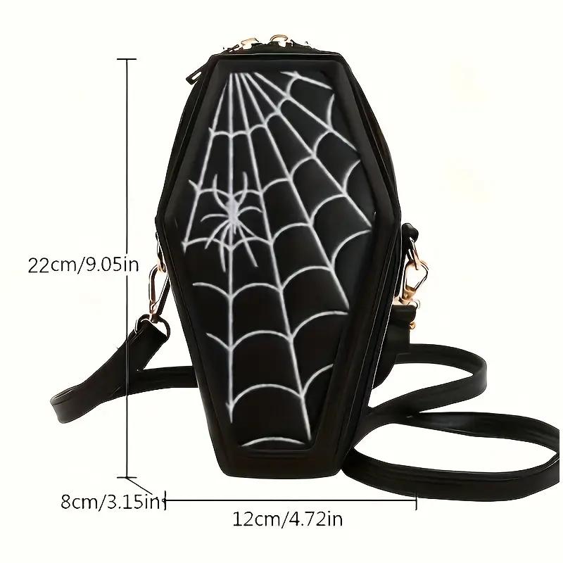 WTEMPO Halloween Zipper PU Bags Gothic Coffin Shaped Crossbody Bags Halloween Spider/Spider Web Pattern Large Purses Vintage Single Shoulder Gift Bags