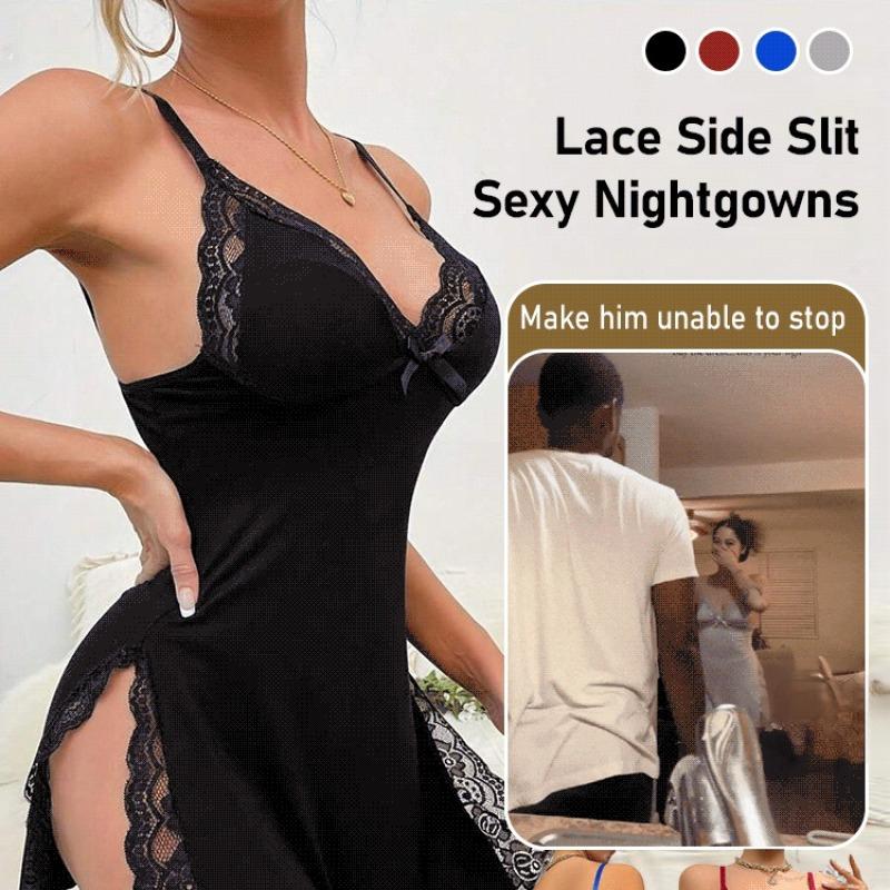 Spitze Schlitz Sexy Nachthemd Tiefer V Schlitz Trägerkleid Seide Spitze Robe Kleid Rückenfreie Nachtwäsche Frauen Sexy Dessous