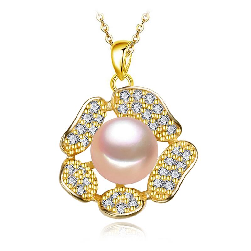 LSOOYH Natural Freshwater Pearl Neckalce Fashion Cubic Zirconia Green Crystal Flower Pendant Necklaces For Women