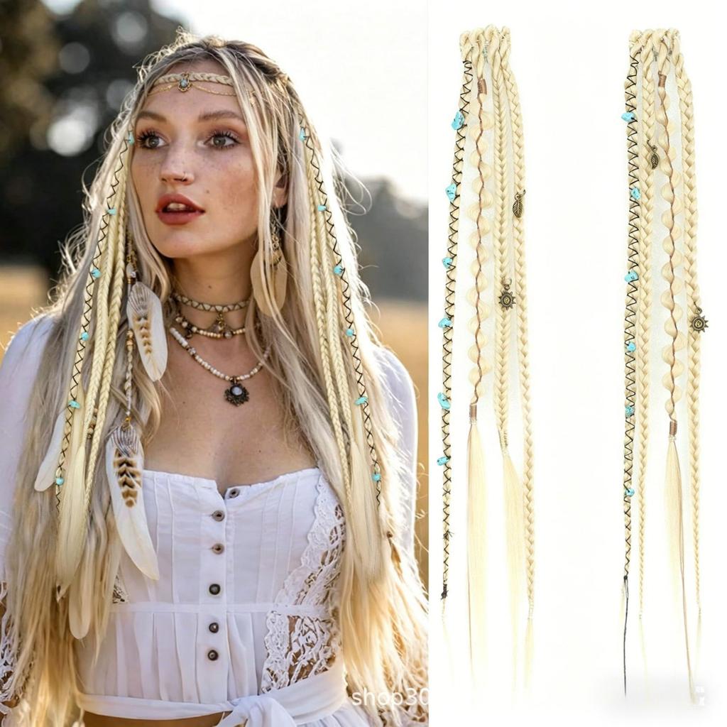 16 Inch Bohemian Long Braided Hair Clip In Extensions Synthetic Handmade Braided Hairpieces for Styling and Hair Decoration