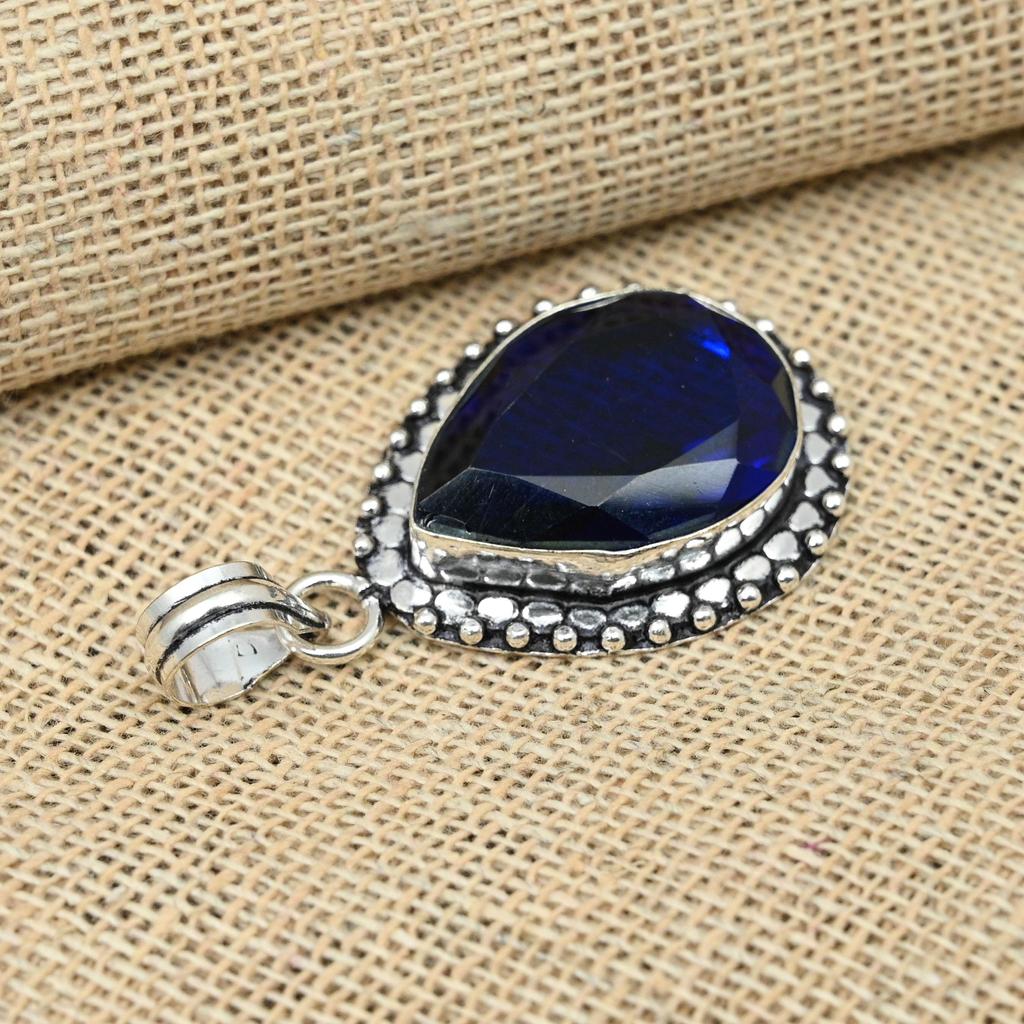 Lab-Created Blue Sapphire Gemstone Handmade 925 Sterling Silver Jewelry Pendant