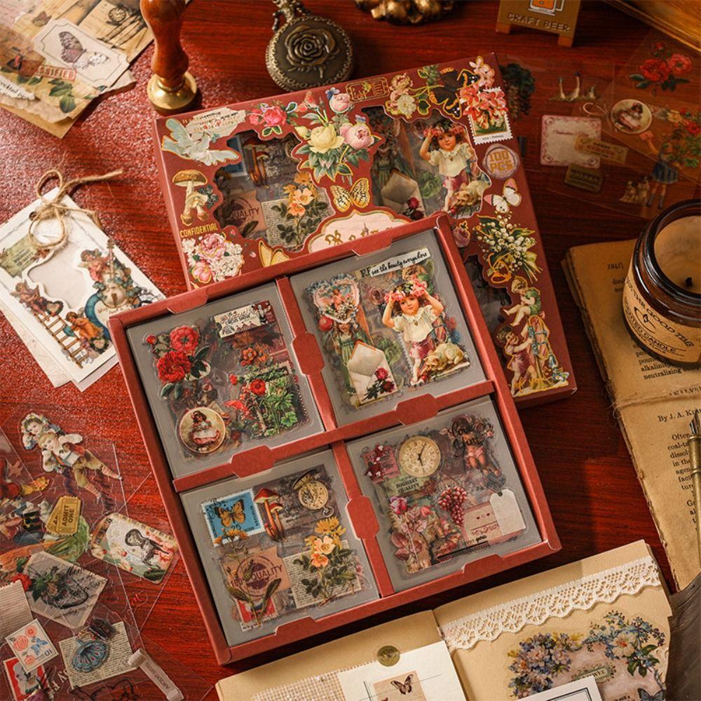 PET Vintage Gift Box Stickers Stationery Cartoon Decorative Stickers DIY Handbook Stickers