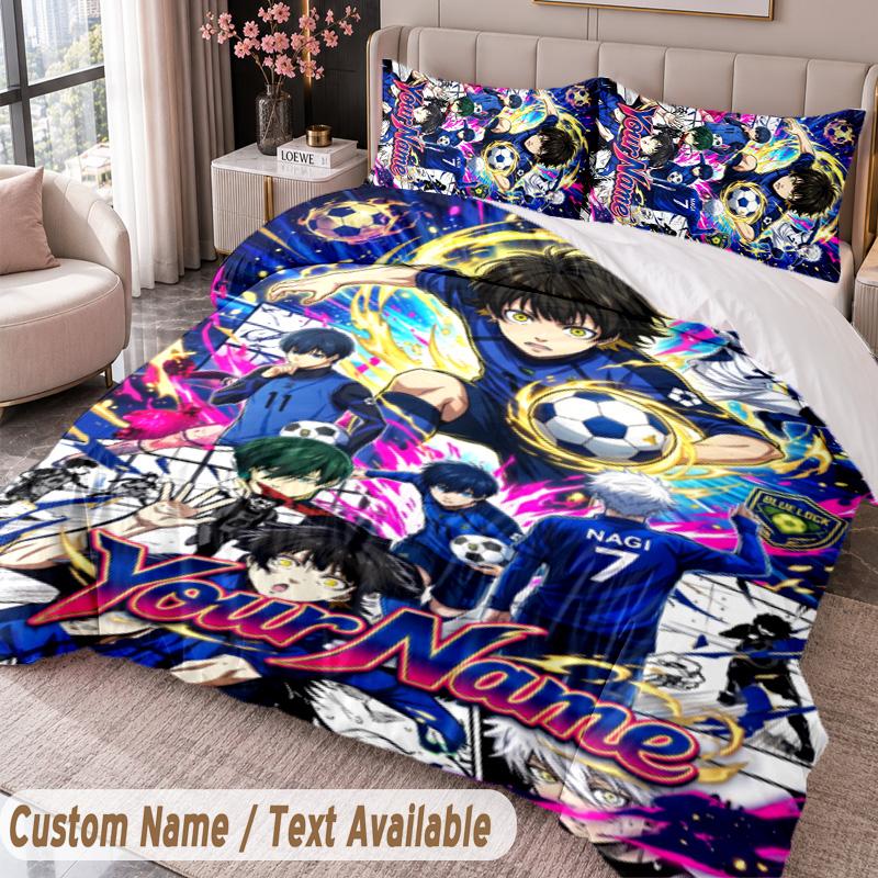 Custom Name Text 3Pcs Bedding Set Blue Lock Duvet Cover And Two Pillowcases