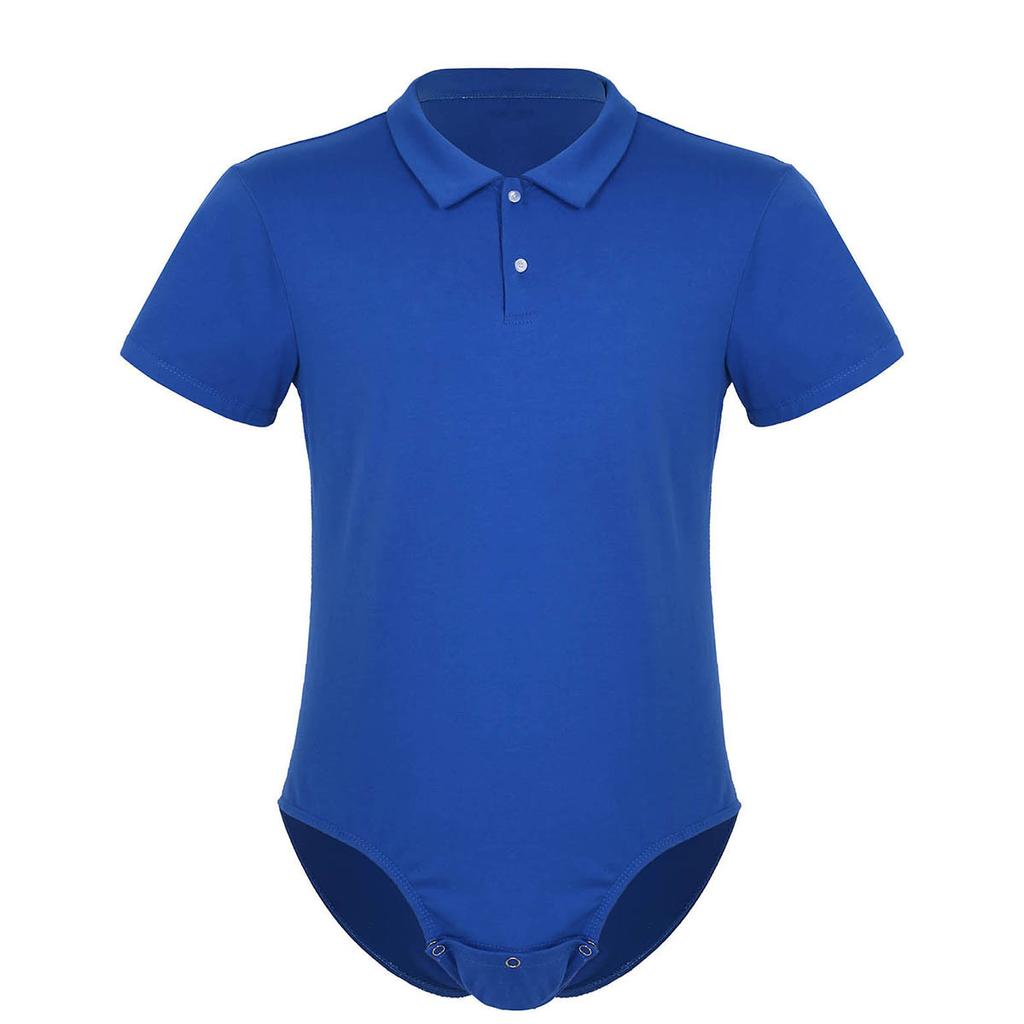 Mens Short Sleeve Turn-Down Collar Shirt One-Piece Leotard Bodysuit Romper Press Button Crotch Pajamas
