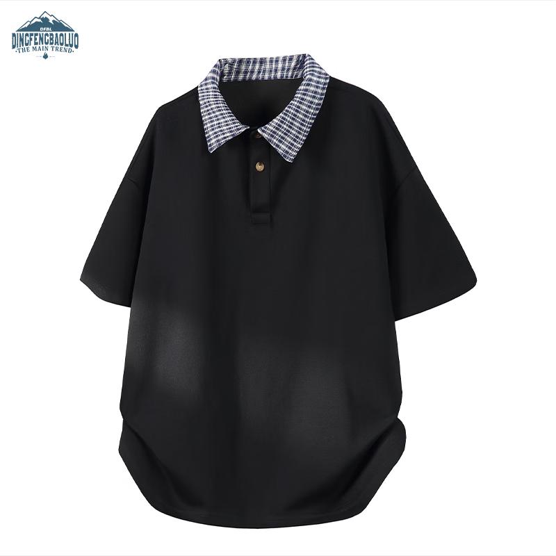 Dingfengbaoluo Men s Fake Two-Piece Plaid Spliced Short Sleeve Polo Shirt 3XL