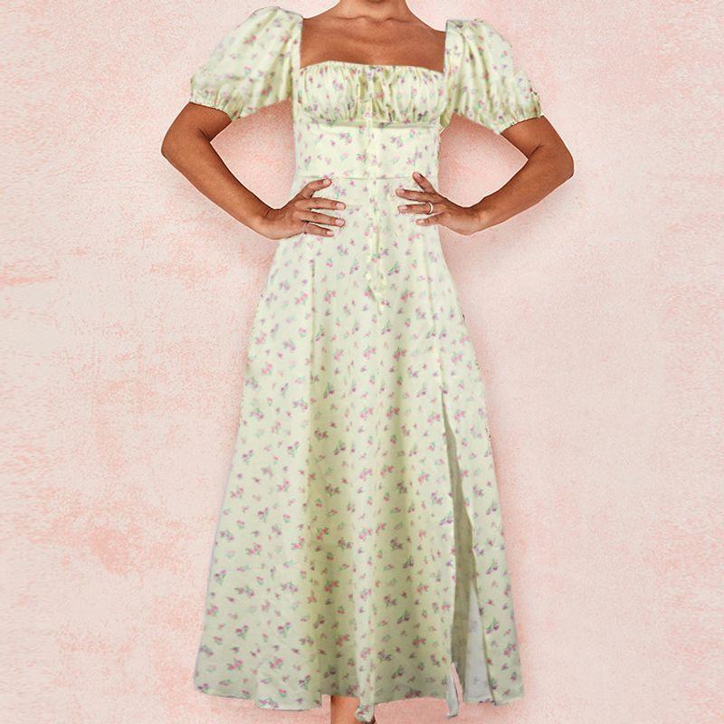 European and American Pastoral Style Sexy Square Collar Lace-up Small Floral Print Slim fit Puff sleeve Temperament High Slit Dress Women