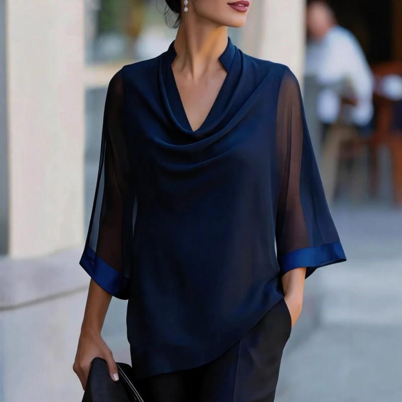 2026 Womens Flowy Chiffon Blouse With Wide Neckline Loose Fit Casual Shirt