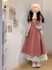 Large size women's clothing sweet wind lace plaid splicing square neck dress summer high waist lace-up A-word short skirt