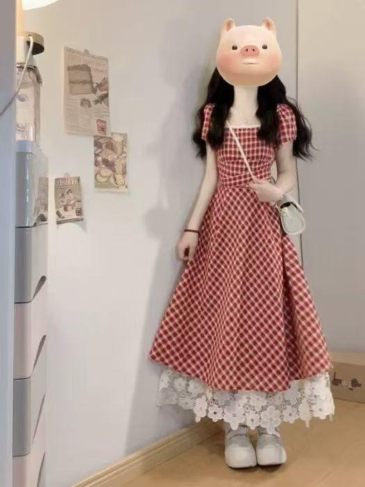 Large size women's clothing sweet wind lace plaid splicing square neck dress summer high waist lace-up A-word short skirt
