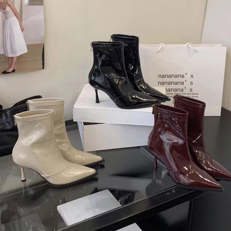 French Women's Stiletto Heel Black Patent Leather Ankle Boots - Elegant & Versatile for Autumn/Winter 2025