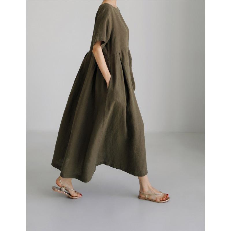 2026 Summer Large Loose Cotton and Hemp Casual Dress Elegant New Round Neck Short Sleeve A-line Dress Female Fashion Solid Color Simple Clothing