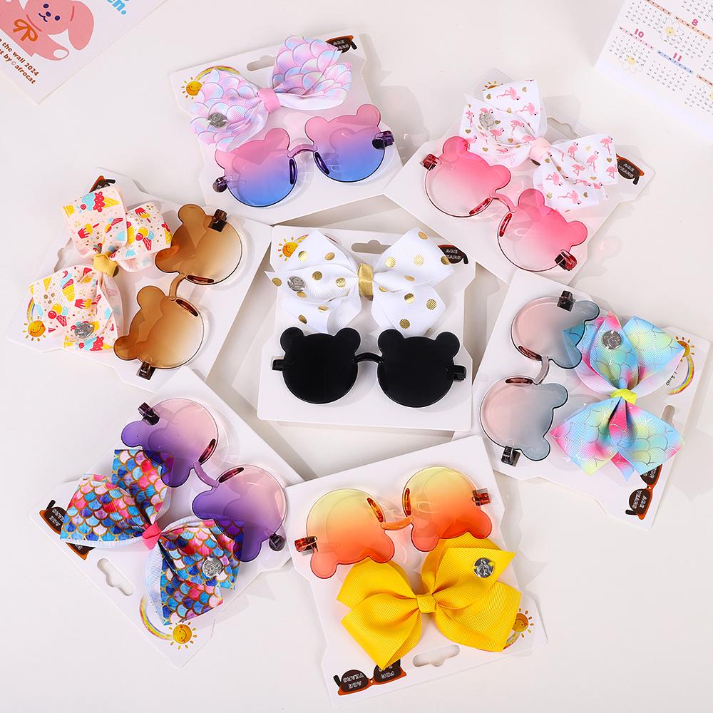 2 ks/sada 4,5" Vlásenky s velkou mašlí pro děti Sada brýlí Cartoon Bowknot Módní doplňky do vlasů Brýle malého medvěda Dárek
