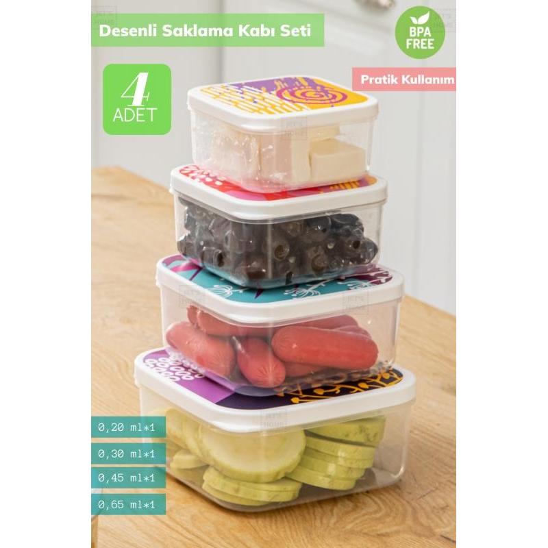 

4’lü Desenli Saklabı Kabı Seti Erzak Kabı Buzdolabı Kabı Kare Bpa Free