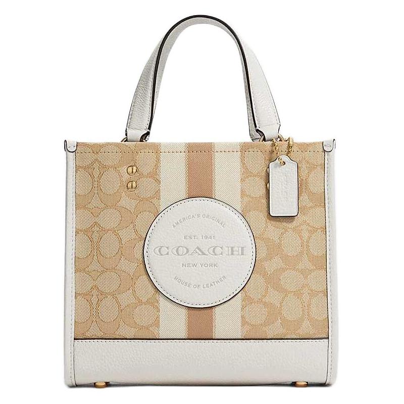 

COACH Dempsey 22 Presbyopic Striped Logo Patch Fabric with Cow Leather Tote Bag Small Women s Khaki White Color Blocking білий