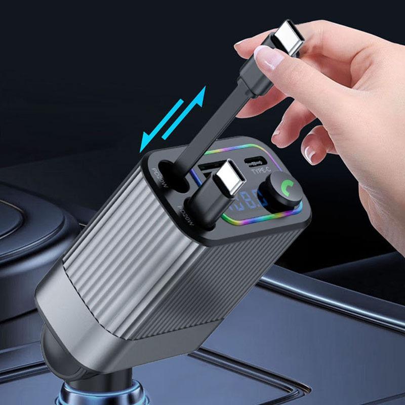 Nabíječka do auta 4 v 1 Bluetooth Multifunkční nabíječka Pohodlné použití Nabíjecí adaptér Type-C s digitálním displejem s výsuvným kabelem Pro iPhone