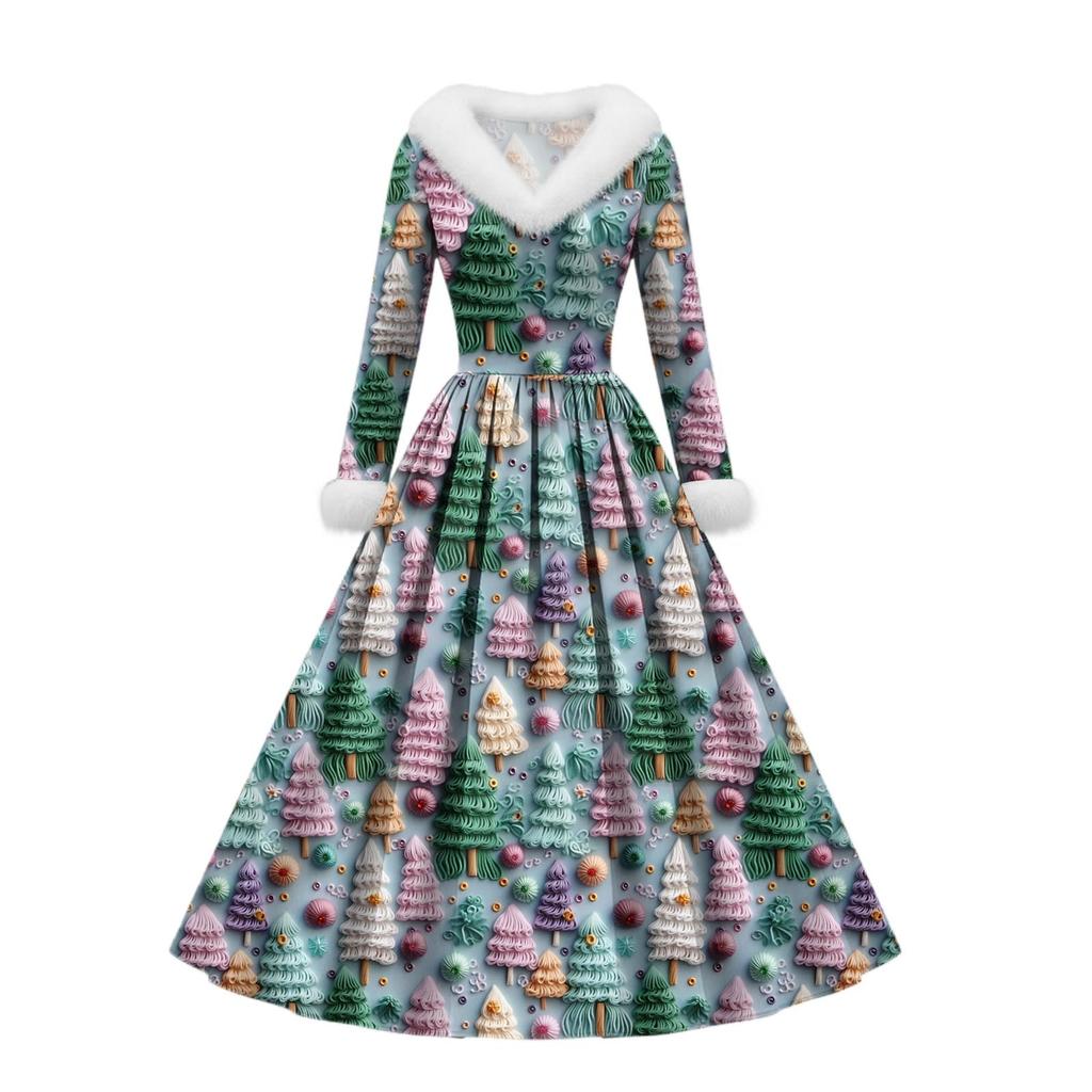 Women's Casual Dress Long-Sleeve V-Neck Patchwork Fleece Christmas Print Dress